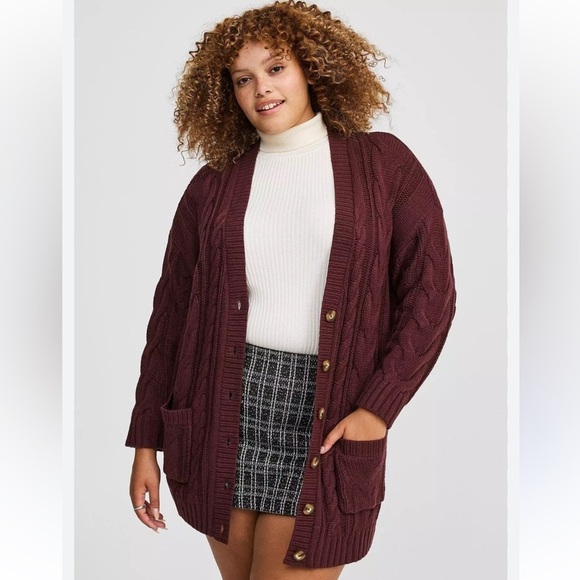 torrid Sweaters - NWT Torrid Burgundy Purple Cable Knit Longline Boyfriend V-Neck Cardigan Sz 3